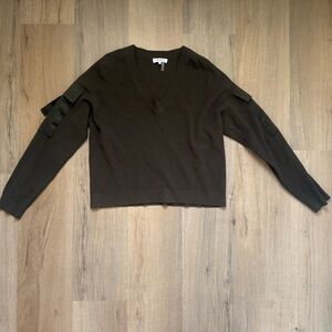 Parker Deep Olive Green V-Neck Sweater with Satin-like Details